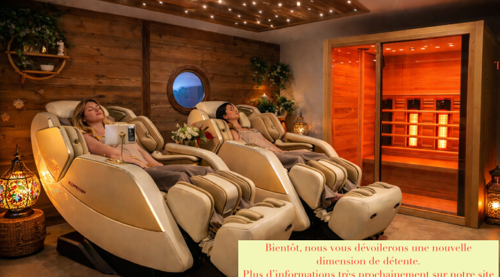 Wellness retreat with massage chairs and sauna